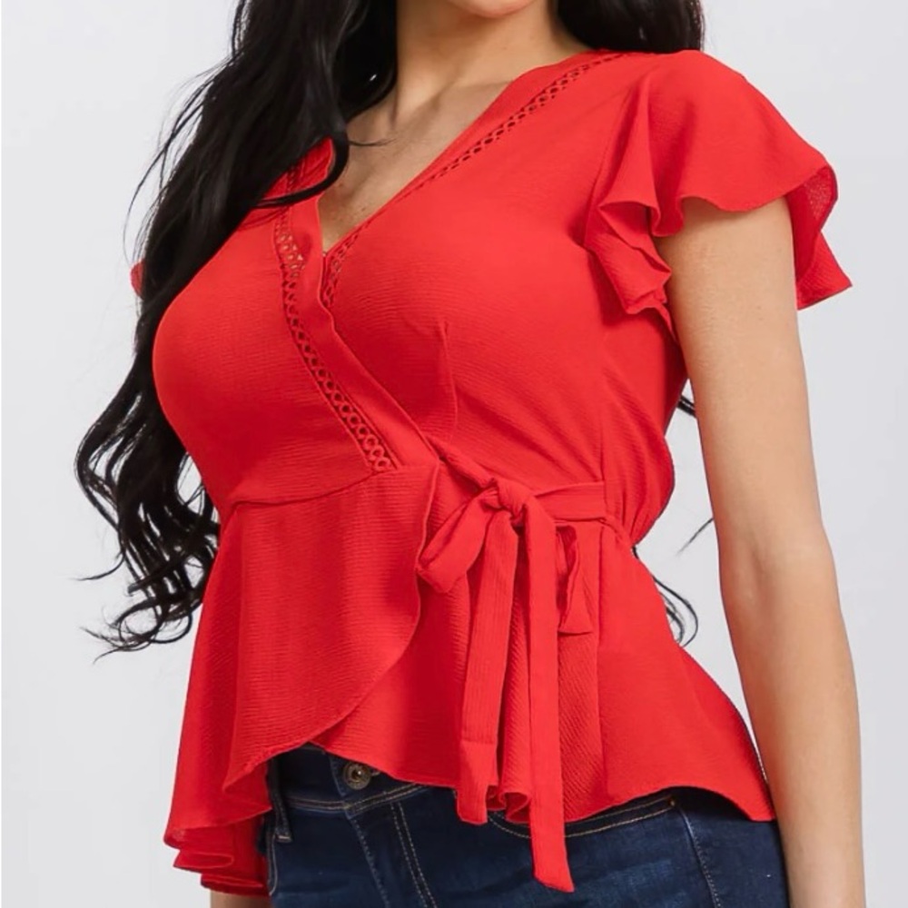 #215 WOMEN'S SHORT SLEEVE SURPLICE SELF TIE PEPLUM BLOUSE - Picture 3 of 4